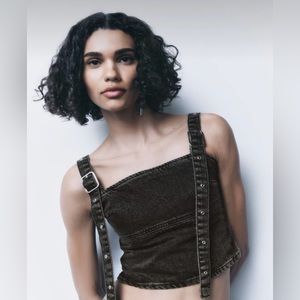 Edgy Denim Crop Top with Adjustable Straps - Size Small